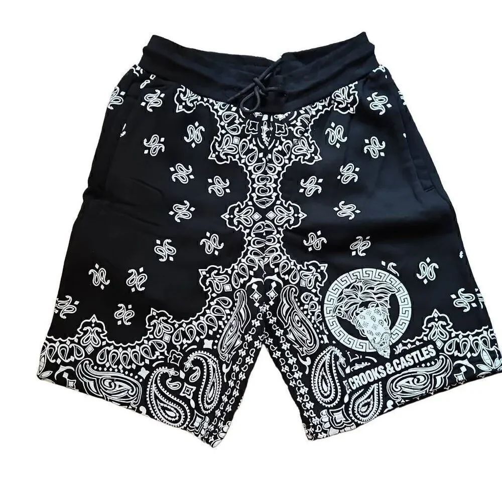 Crooks and Castles Men's Paisley Fleece Shorts Black White Small